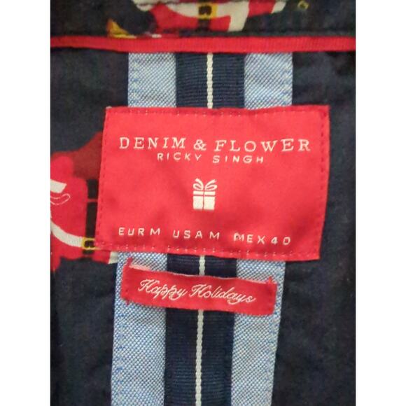 DENIM & FLOWER RICKY SINGH Navy Blue Santa Print Short Sleeve Shirt Men's Size M - Picture 3 of 5